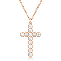 Rose Gold Micro-Beaded Clear Crystal Cross Pendant