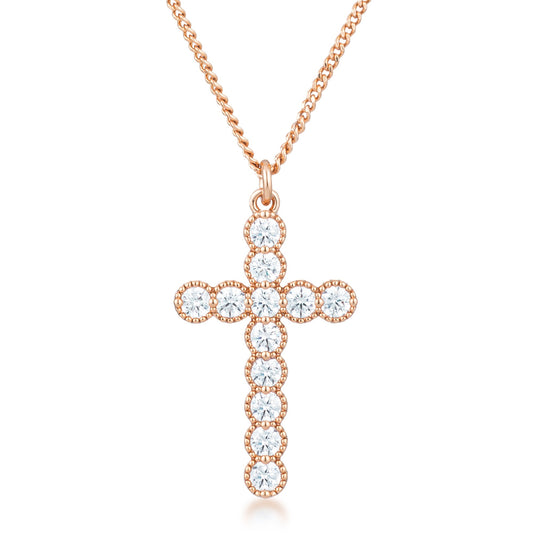 Rose Gold Micro-Beaded Clear CZ Cross Pendant