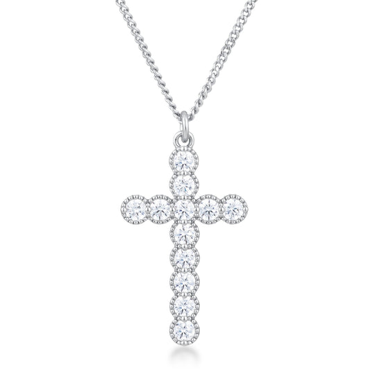 Micro Beaded Rhodium CZ Cross Pendant
