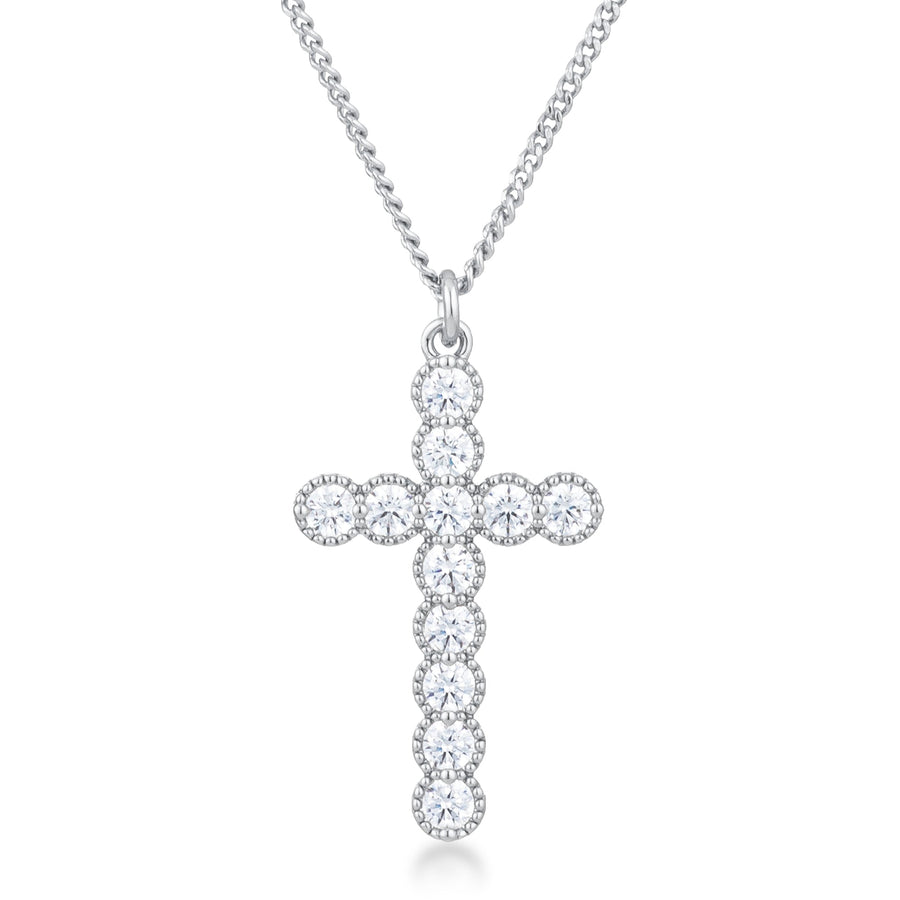 Micro Beaded Rhodium Crystal Cross Pendant