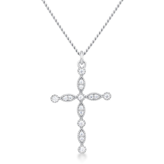 Vintage Rhodium-Plated Clear CZ Cross Pendant