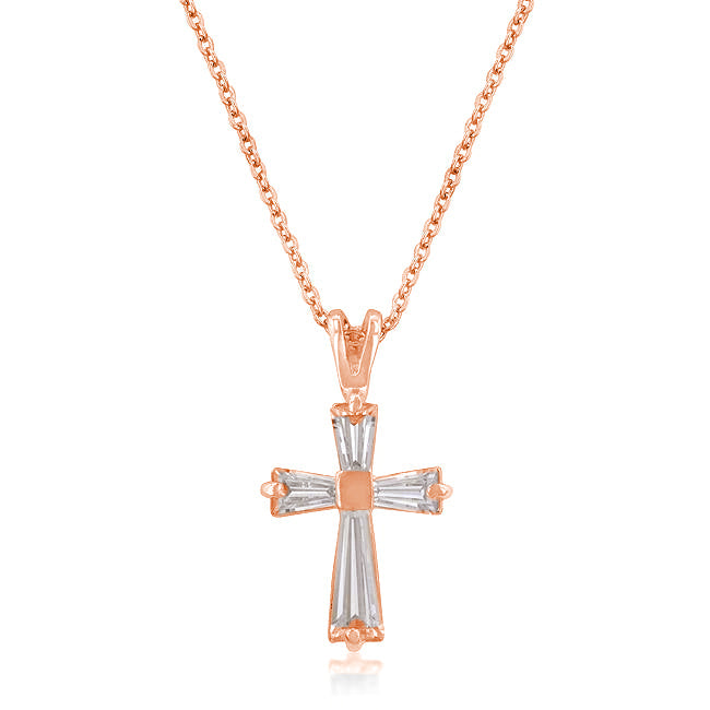 18K Rose Gold Plated Baguette Cross Necklace