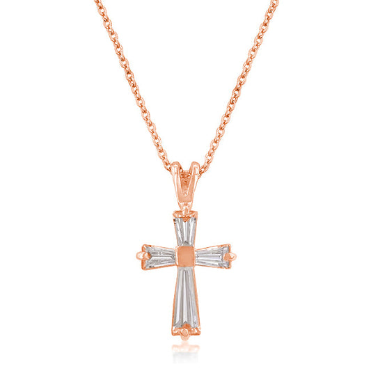 Rose Gold Plated Baguette Cross Necklace