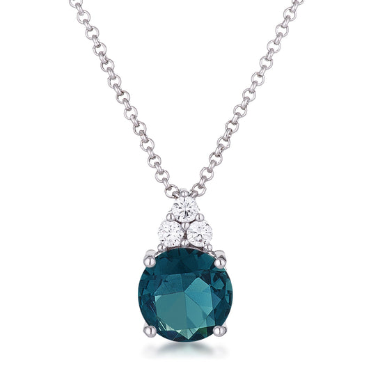 Rhodium Plated 9mm Blue Green CZ Pendant
