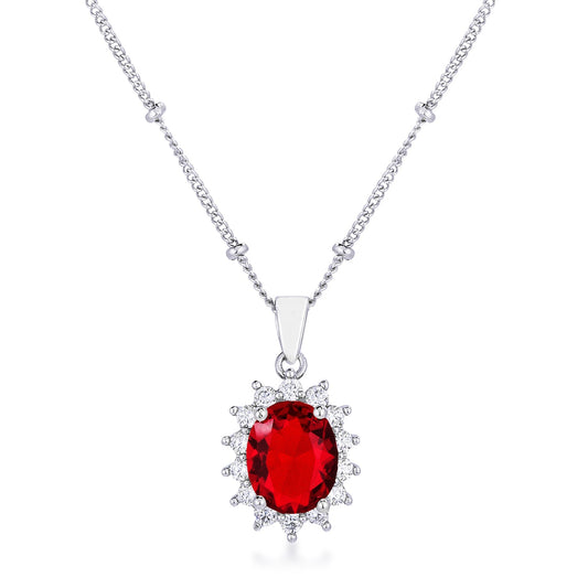 Rhodium Plated Ruby Red Petite Oval Pendant