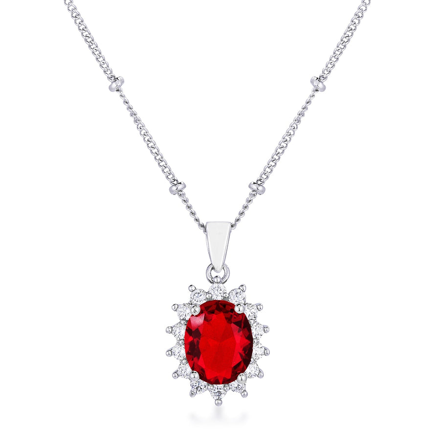 Rhodium Plated Ruby Red Petite Oval Pendant