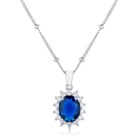Rhodium Plated Sapphire Blue Petite Oval Pendant