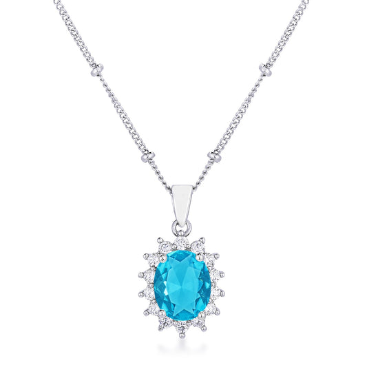 Aqua Blue Petite Rhodium-Plated Oval Pendant