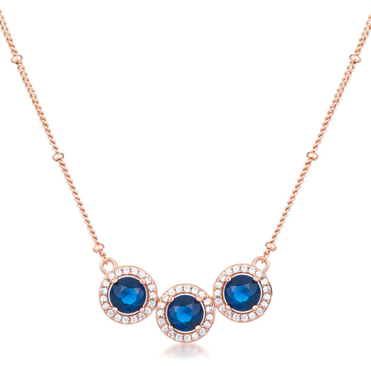 Sapphire Blue Tri-Halo CZ Pendant, Rose Gold Plated