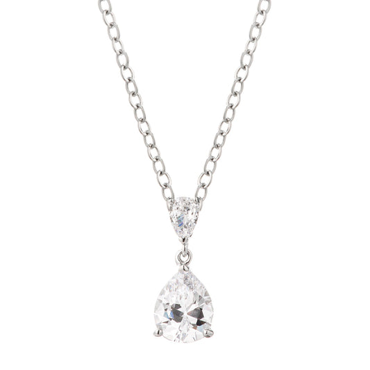 Rhodium Double Pear CZ Drop Pendant Necklace