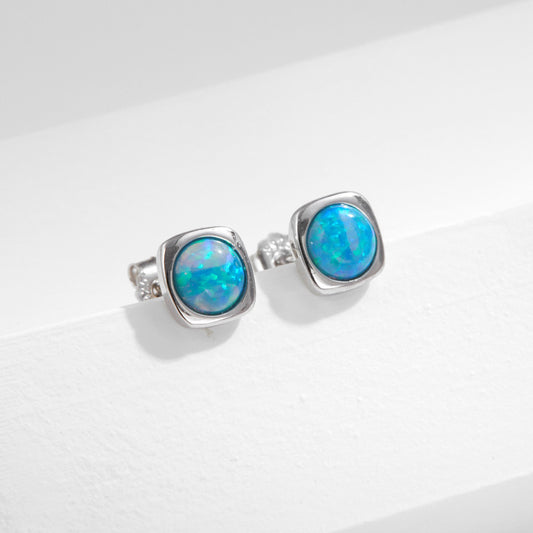 Opal Square Stud Earrings in Sterling Silver