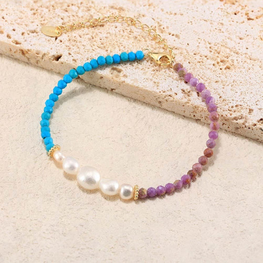 Sterling Silver Natural Pearl and Turquoise Bracelet