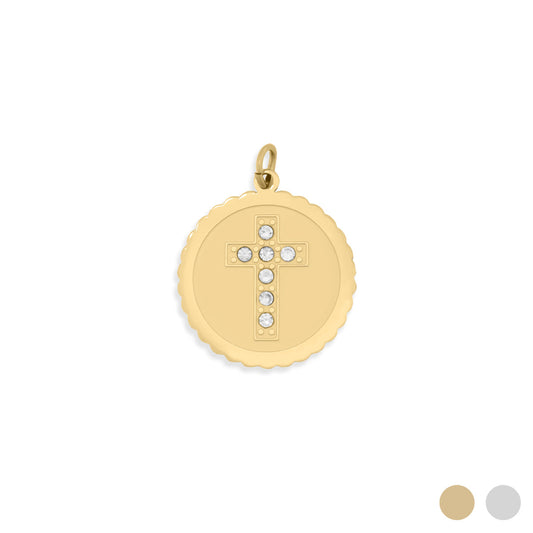 18K Gold PVD Stone Cross Circle Charm