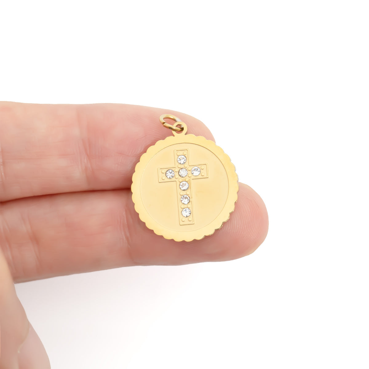 18K Gold PVD Stone Cross Circle Charm