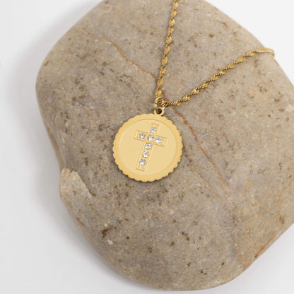 18K Gold PVD Stone Cross Circle Charm