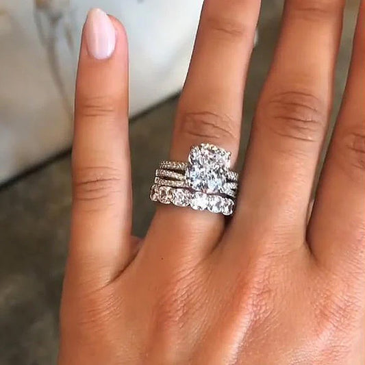Sterling Silver Cushion Cut Engagement and Wedding Band Ring Set