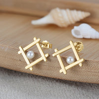 Gold Plated Sterling Silver Square Pearl Stud Earrings