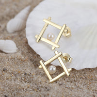 Gold Plated Sterling Silver Square Pearl Stud Earrings