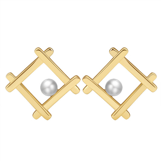 Gold Plated Sterling Silver Square Pearl Stud Earrings