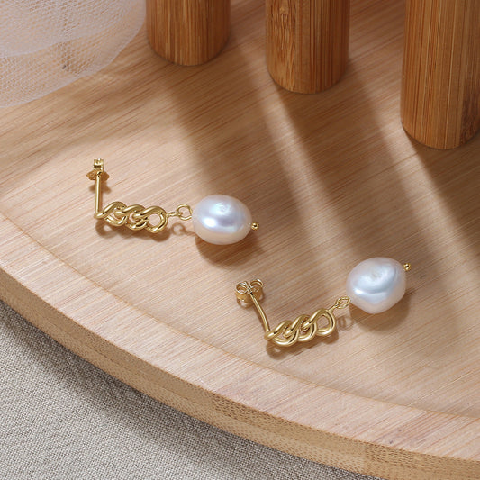 Gold Natural Pearl Cuban Chain Link Dangling Earrings
