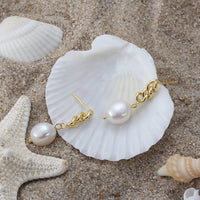 Gold Natural Pearl Cuban Chain Link Dangling Earrings