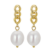 Gold Natural Pearl Cuban Chain Link Dangling Earrings