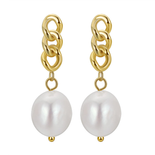 Gold Natural Pearl Cuban Chain Link Dangling Earrings