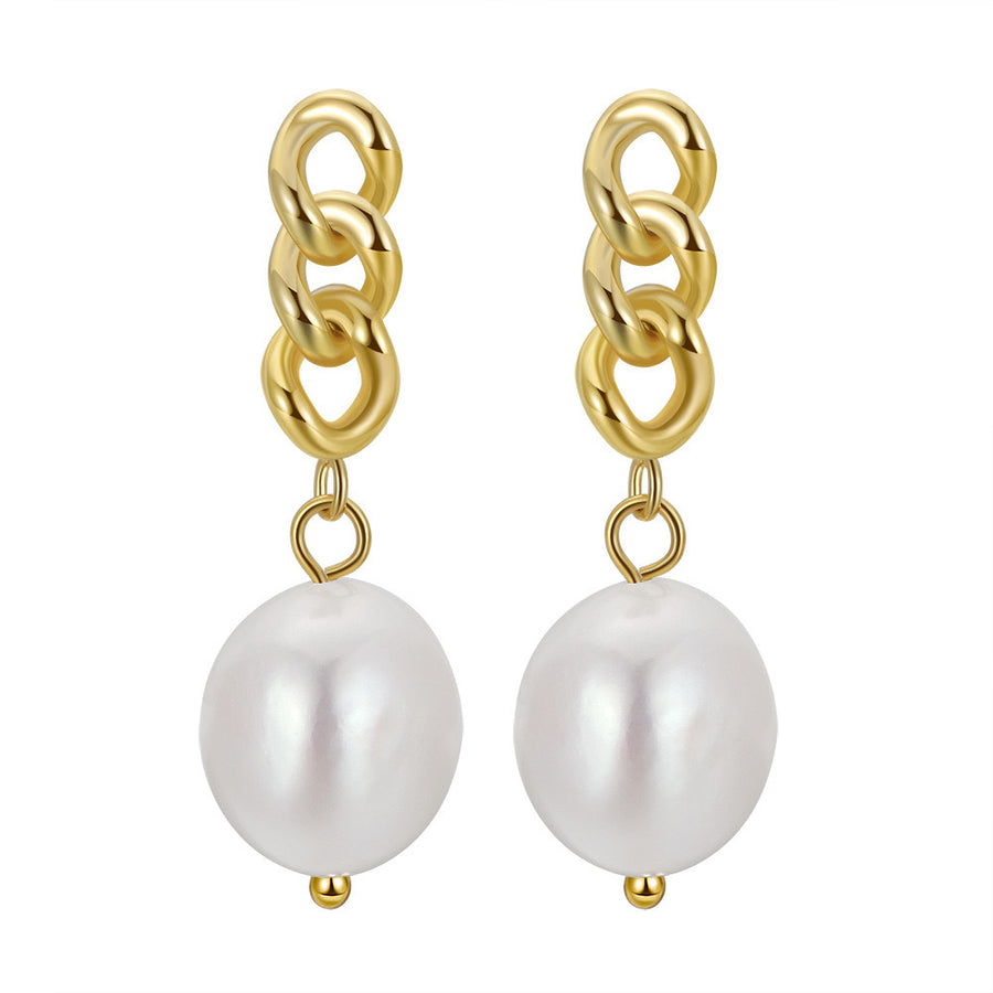 Gold Natural Pearl Cuban Chain Link Dangling Earrings