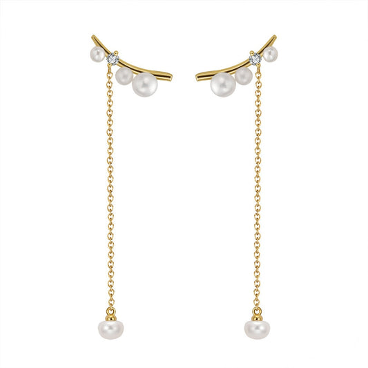 Sterling Silver Natural Pearl Tassel Cuff Earrings