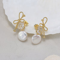 Sterling Silver Baguette Bowknot Freshwater Coin Pearl Earrings