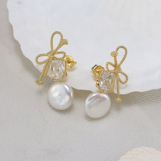 Sterling Silver Baguette Bowknot Freshwater Coin Pearl Earrings