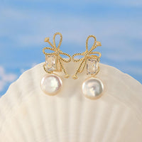 Sterling Silver Baguette Bowknot Freshwater Coin Pearl Earrings