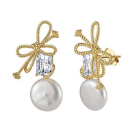 Sterling Silver Baguette Bowknot Freshwater Coin Pearl Earrings