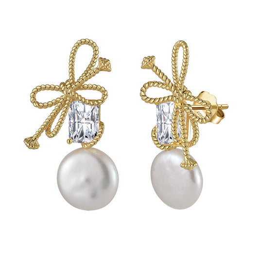 Sterling Silver Baguette Bowknot Freshwater Coin Pearl Earrings