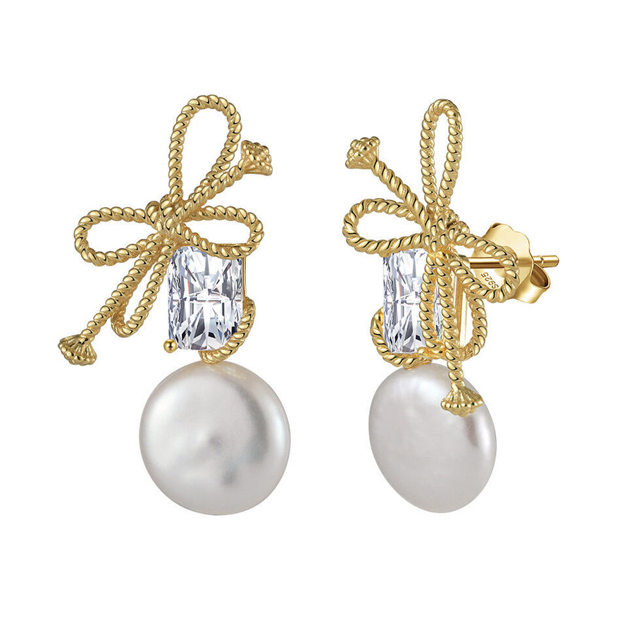 Sterling Silver Baguette Bowknot Freshwater Coin Pearl Earrings