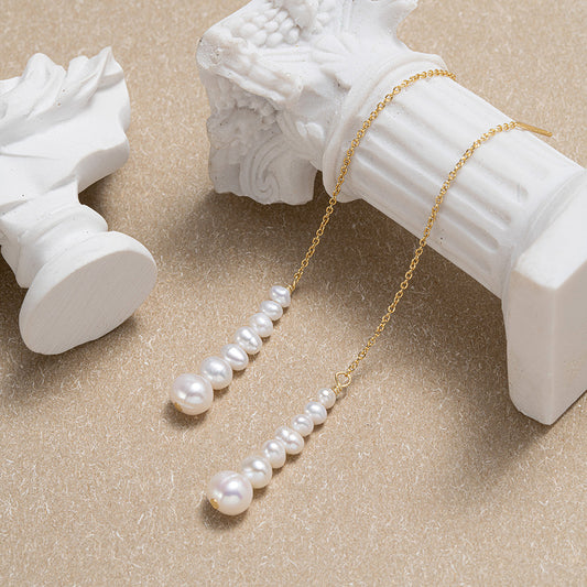 Gold Long Wire Threader Earrings with Freshwater Pearls