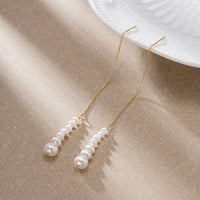 Gold Long Wire Threader Earrings with Freshwater Pearls