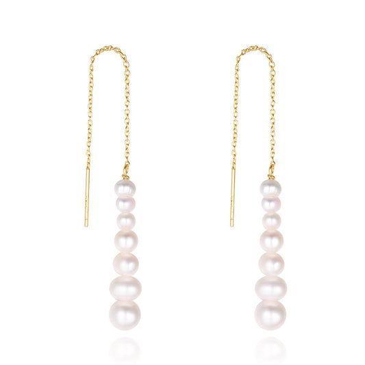 Gold Long Wire Threader Earrings with Freshwater Pearls