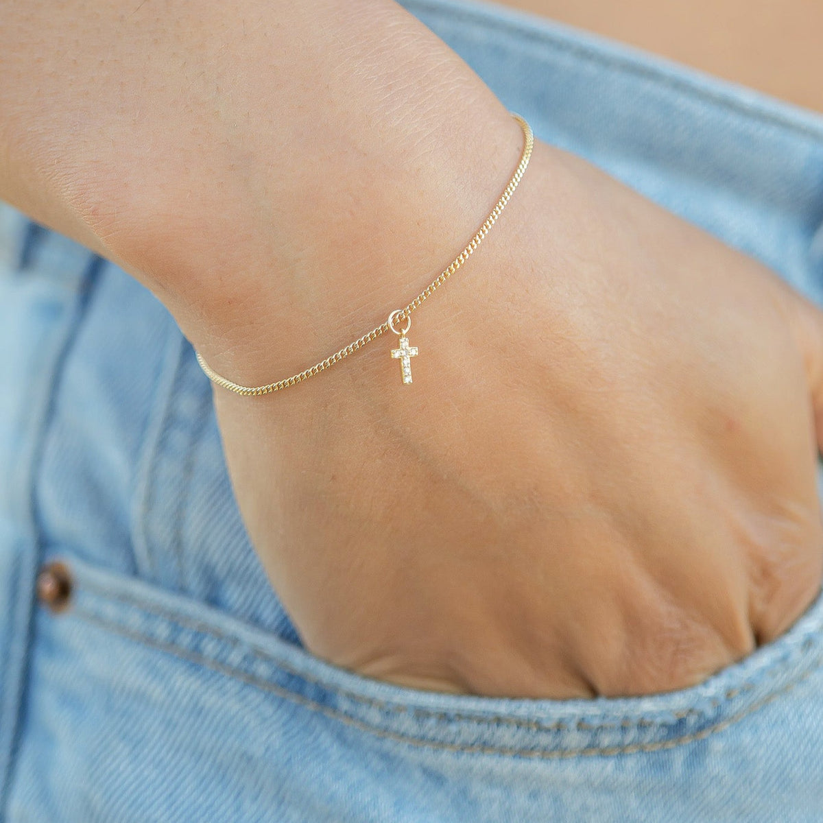 14K Solid Gold Diamond Cross Charm