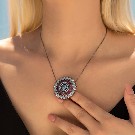 Sterling Silver Circular Statement Pendant Necklace