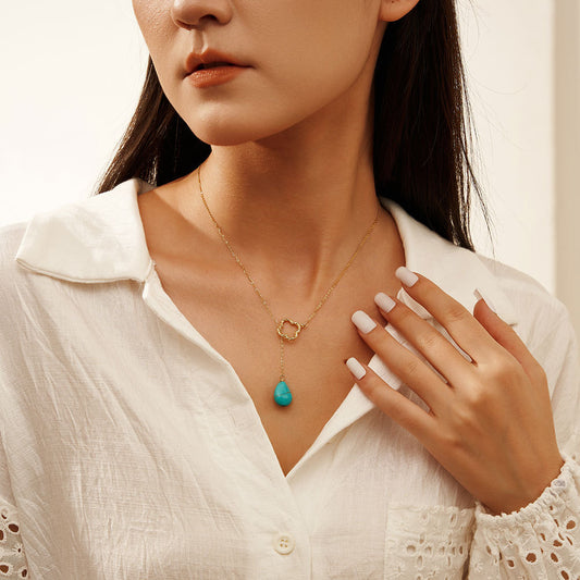Sterling Silver Natural Turquoise Four Leaf Clover Necklace