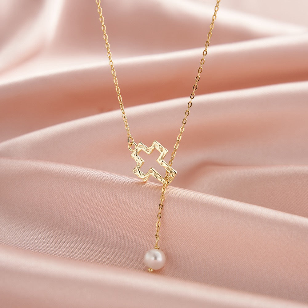 Sterling Silver Natural Freshwater Pearl Cross Necklace