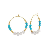Gold Plated Sterling Silver Natural Turquoise Pearl Hoop Earrings