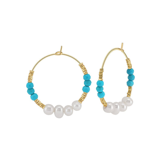 Gold Plated Sterling Silver Natural Turquoise Pearl Hoop Earrings