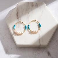 Gold Plated Sterling Silver Natural Turquoise Pearl Hoop Earrings