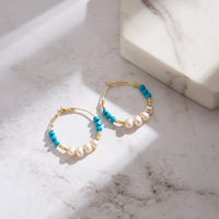 Gold Plated Sterling Silver Natural Turquoise Pearl Hoop Earrings