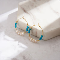 Gold Plated Sterling Silver Natural Turquoise Pearl Hoop Earrings