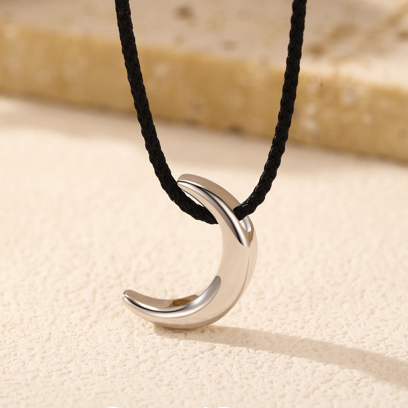 Sterling Silver Black Cord Moon Pendant Necklace