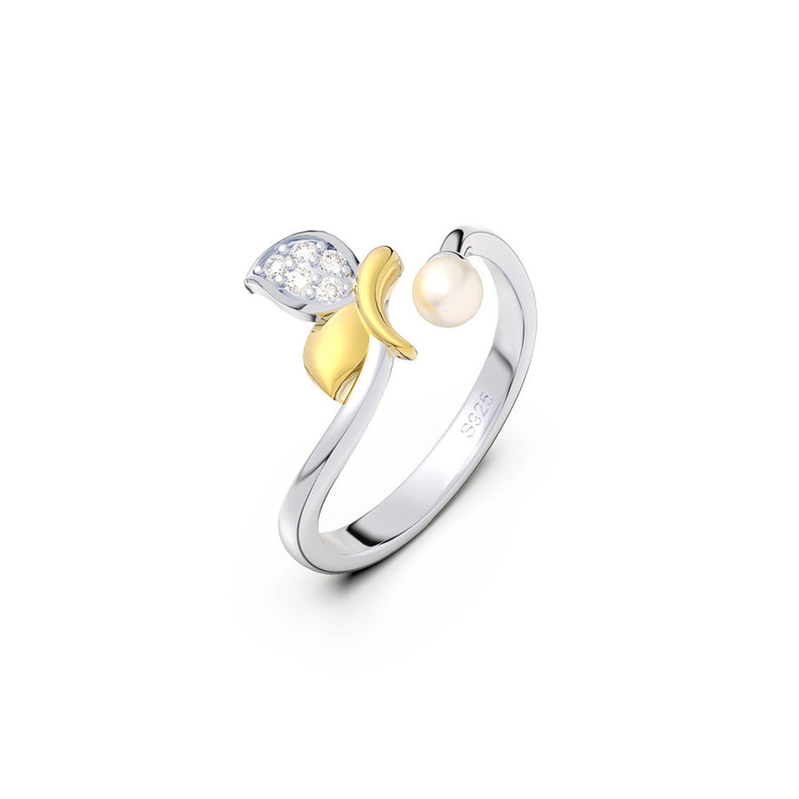 Natural Pearl & Gold Leaves Open Ring