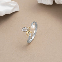 Natural Pearl & Gold Leaves Open Ring